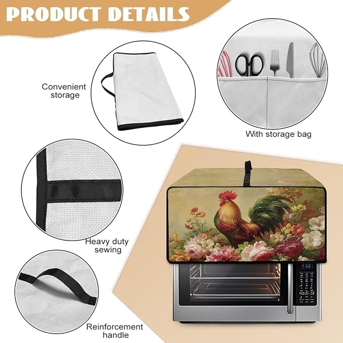 Air Fryer Toaster Oven Dust Cover Dust Protection Countertop Convection Oven Cover Stain-resistant Kitchen Appliance Protector, L, Chicken Rooster Vintage Floral