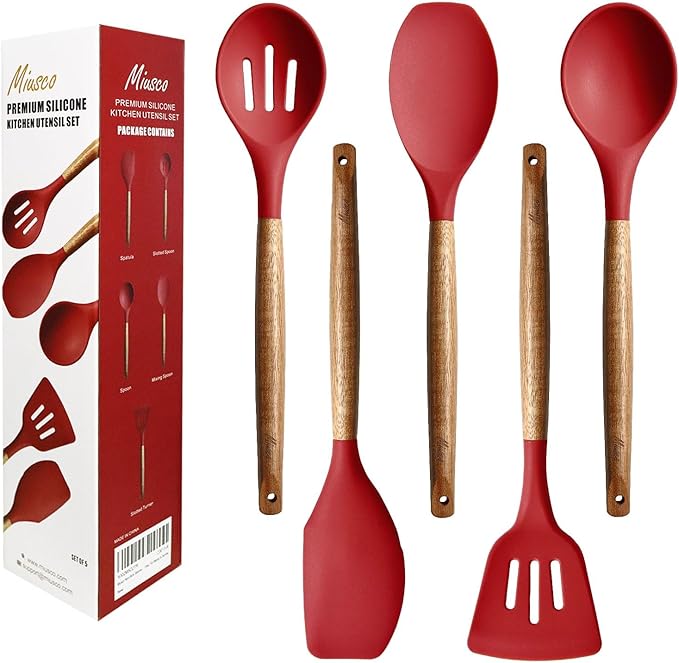 Kitchen Utensils Set, Silicone Cooking Utensils Set,Non-Stick Silicone Spatula Set with Natural Acacia Hard Wood Handle, 5 Piece, Upgraded Thickened Cookware