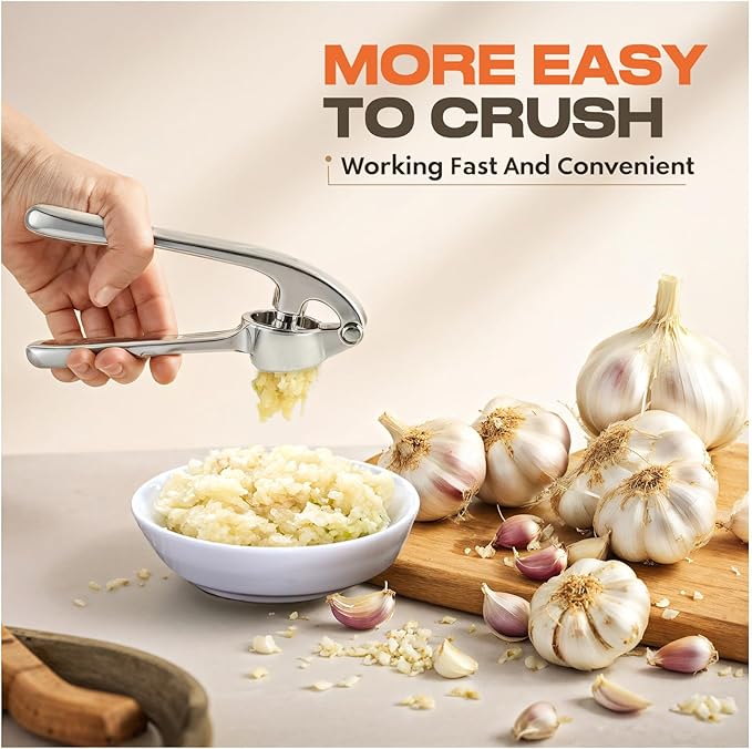Kitchen Garlic Press, Rust Proof & Dishwasher Safe Garlic Mincer, Durable Garlic Crusher Set with Peeler＆Brush, Easy to Clean and Squeeze, Matte