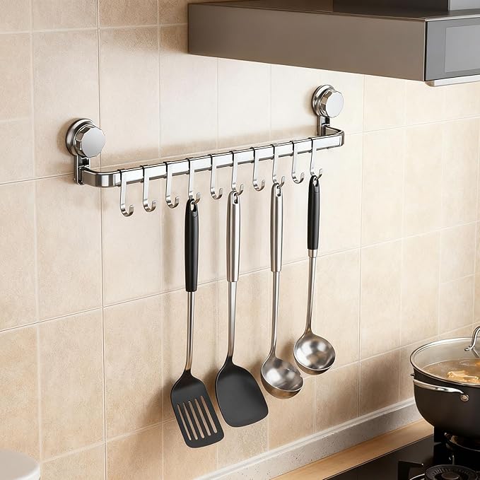 2026 Upgrad Wall Hooks Rack, Space Saving Utensil Holder for Kitchen Bathroom, No Drilling Wall Mounted Accessory Hanger, Kitchen Rail for Hanging Cooking Utensils Mugs Spoons (Grey_E)