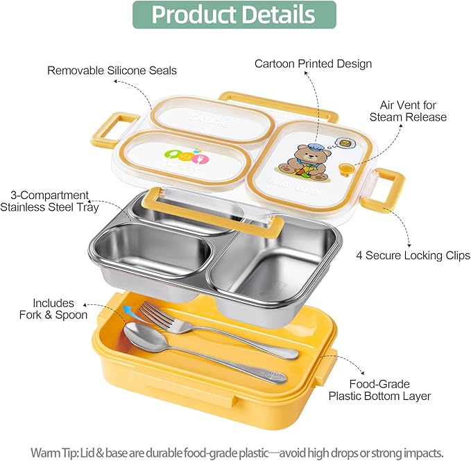 Stainless Steel Bento Lunch Box for Kids, 26.4 oz Leak-Proof 3-Compartment Metal Bento Box, BPA-Free, Cute Cartoon Meal Prep Snack Container with Utensils for School, Office, Travel - Yellow