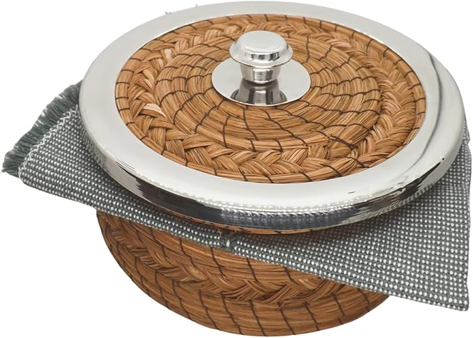 Authentic Mexican Tortilla Warmer Basket - Pine Needle Handwoven with Handloomed Cloth (7" Metal Rim w cloth)