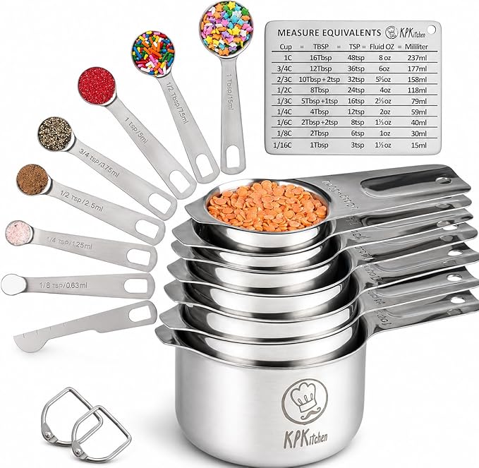 Stainless Steel Measuring Cups and Spoons Set of 16-7 Cup & 7 Spoon + Conversion Chart & Leveler - Kitchen Measuring Spoons and Cups - Dry Measure Cups Stainless Steel & Baking Metal Measuring Cups