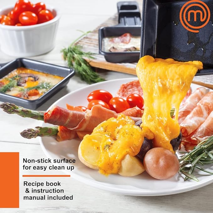 MasterChef Electric Raclette Table Grill w Non-Stick Grilling Plate & Cooking Stone- 8 Person Tabletop Cooker for Indoor, Smokeless, Korean BBQ - Melt Cheese, Cook Meat, Veggies, Appetizers-19" x 8"