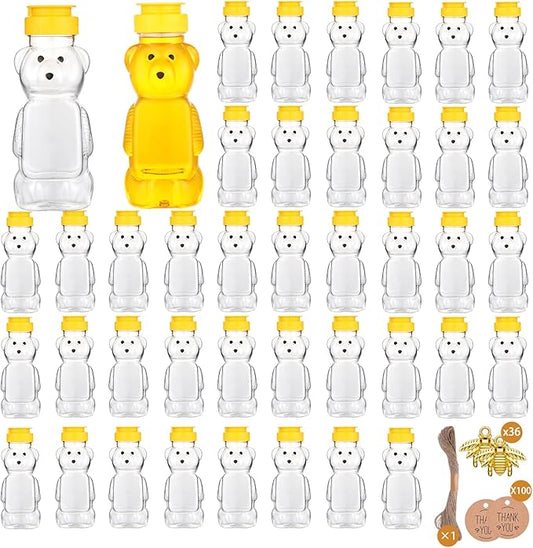 8oz Plastic Honey Bear Bottle Mini Honey Jars Party Favors Small Honey Bear Bottles with Lids Bear Shape Clear Empty Honey Jar with Screw Yellow Lid 50 Tags 2 Rolls Jute Rope (36-set)