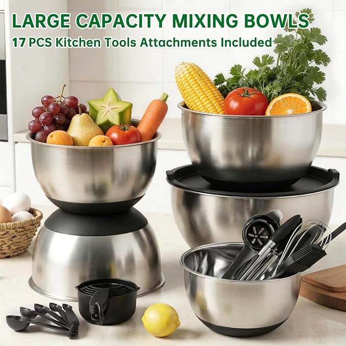 Deedro Premium Mixing Bowls with Airtight Lids Set, 22Pcs Thicker Stainless Steel Mixing Bowl Set, Large Prep Metal Bowls, Non-Slip Silicone Base Nesting Bowls for Kitchen, 1.5/2/3/4/5 QT, Black