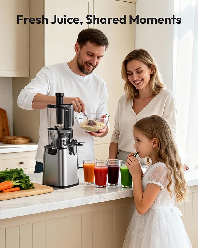 Juicer Machines, EUHOMY 5.8" Wide Feed Chute Cold Press Juicer for Whole Vegetables & Fruits with 400W, High Juice Yield, Easy to clean, Black Stainless Steel