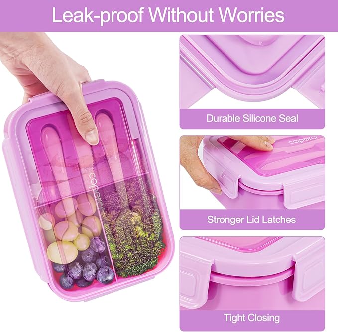 Caperci Classic Bento Lunch Box for Kids & Adults - Leakpoof 47oz Food Lunch Containers for Girls Women, 3-Compartment, Built-in Utensil Set, BPA-Free, Dishwasher/Microwave Safe (Vivid Orchid)