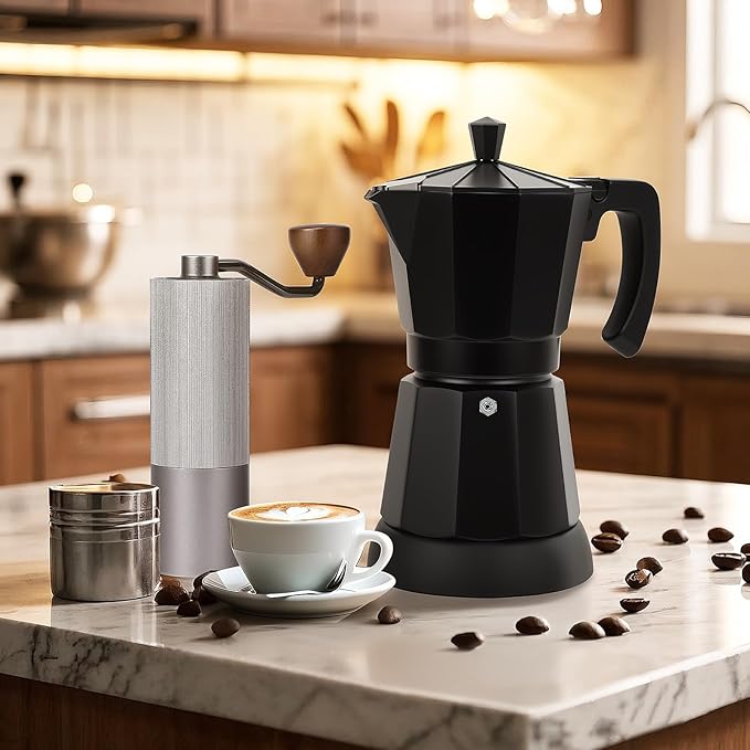 Black Aluminum Electric Moka Pot, 3 or 6 Cups Espresso Maker with Dose Reduction Plate