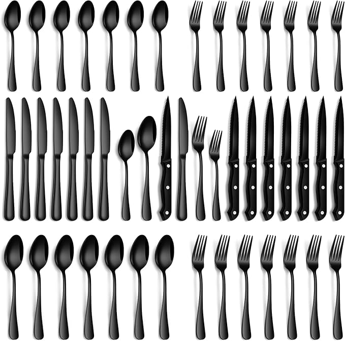 PHILIPALA Black Silverware Set, 48-Piece Flatware Set with Steak Knives for 8, Stainless Steel Mirror Cutlery Include Forks Spoons and Knives Set, Dishwasher Safe Utensils Set for Home Restaurant