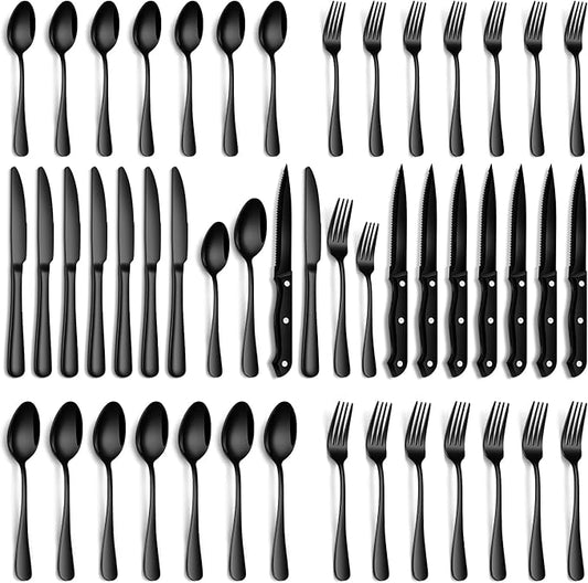 PHILIPALA Black Silverware Set, 48-Piece Flatware Set with Steak Knives for 8, Stainless Steel Mirror Cutlery Include Forks Spoons and Knives Set, Dishwasher Safe Utensils Set for Home Restaurant