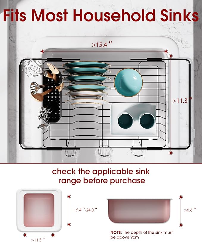 Sakugi Dish Drying Rack in Sink - Expandable Stainless Steel Dish Rack Over The Sink, Kitchen Sink Drain Strainer with Cutlery Holder & Cup Holders, 15.4 x 11.3 x 6.6 Inch, Black
