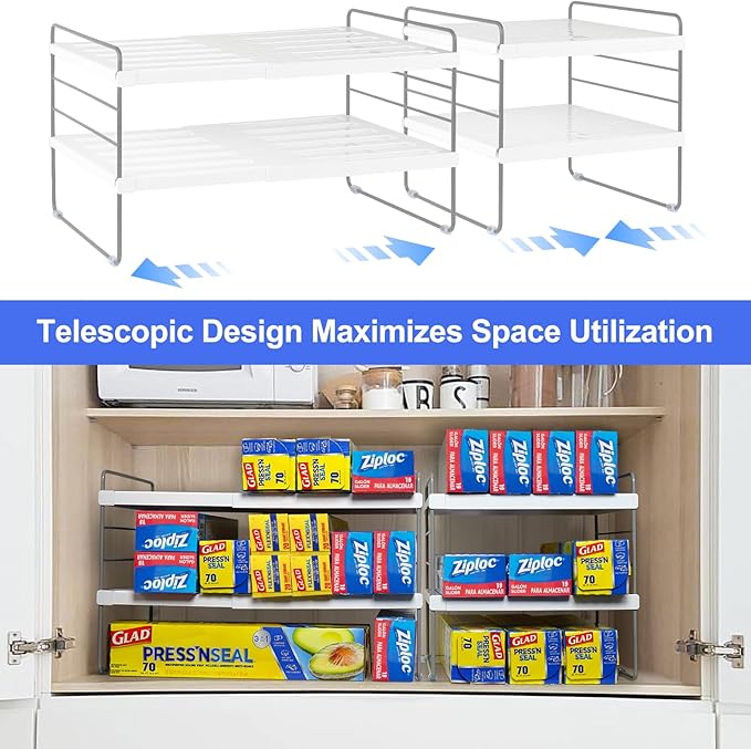 Cirhy Pantry Organizers and Storage,3 Tiers Expandable Foil and Plastic Wrap Organizer, Adjustable Kitchen Cabinet Shelf Organizer, Shelves Storage Rack for Cabinet Countertop (9.8" To 15.6" L) 2PCS
