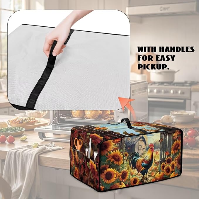 Toaster Oven Dust Cover Dustproof Smart Oven Air Fryer Microwave Cover with Pockets, Electric Appliance Protector Fall Home Decor, L, Chicken Rooster Sunflower Pumpkin Butterfly