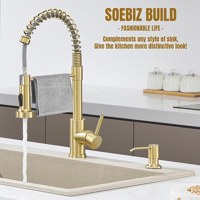 Built in Soap Dispenser for Kitchen Sink Countertop, Brushed Gold Stainless Steel Soap Dispenser Pump Head Refill from the Top with 11 Ounce Transparent Soap Bottle