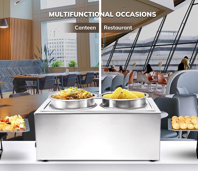 SYBO Food Warmer Steam Table Easy to Clean Commercial Grade Stainless Steel Bain Marie Buffet for Catering and Restaurants ETL, CE ROHS Certified for Commercial, Safety (2 Round Pots with Tap)