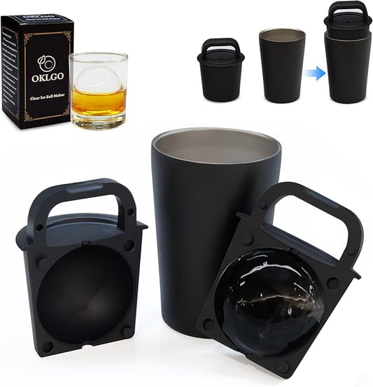 Clear Ice Cube Maker Tray – 2.5 Inch Large Round Ice Ball Mold, Stainless Steel & Silicone, Slow Melting Transparent Ice for Whiskey, Cocktails, and Home Bar Use (Black-1 Pack)