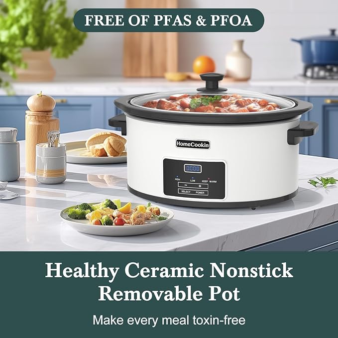 8-Quart Programmable Slow Cooker with Timer Keep Warm - Small Kitchen Appliance for Family Dinners - Serves 6+ People - Heat Settings: Keep Warm(White, Black Liner)