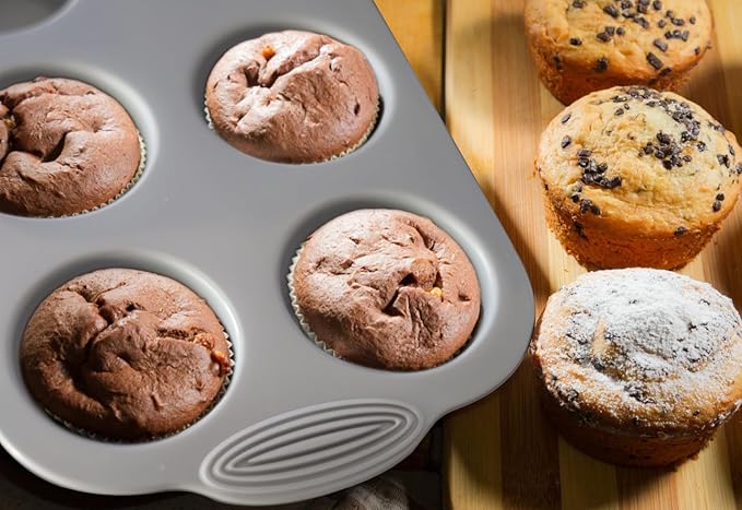 Silicone Muffin Pan - 6-Cavity Nonstick Baking Tray for Muffins, Cupcakes, Brownies and More - Food Grade and BPA Free - Pack of 3 Colors (Gray, Orange, Peacock Blue)