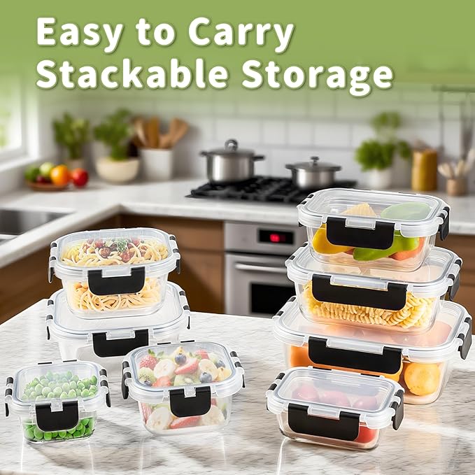 8 Pack Borosilicate Glass Food Storage Containers with Lids, Glass Meal Prep Containers, Airtight Bento Lunch Boxes with Snap Locks, Oven, Freezer and Dishwasher Safe, BPA Free, Kitchen Storage Set