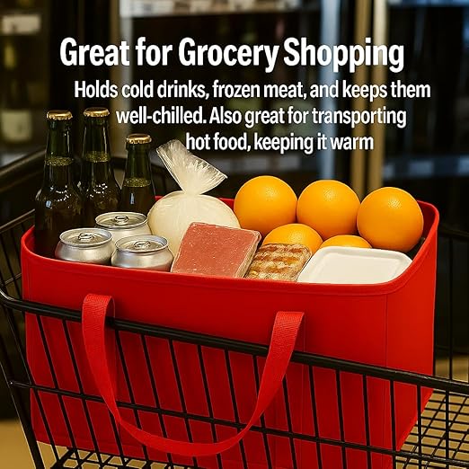 musbus 2Pk Insulated Reusable Grocery Bags, Collapsible Cooler Bag for Groceries, Heavy Duty Large Insulated Bag (Large, Bright Red)