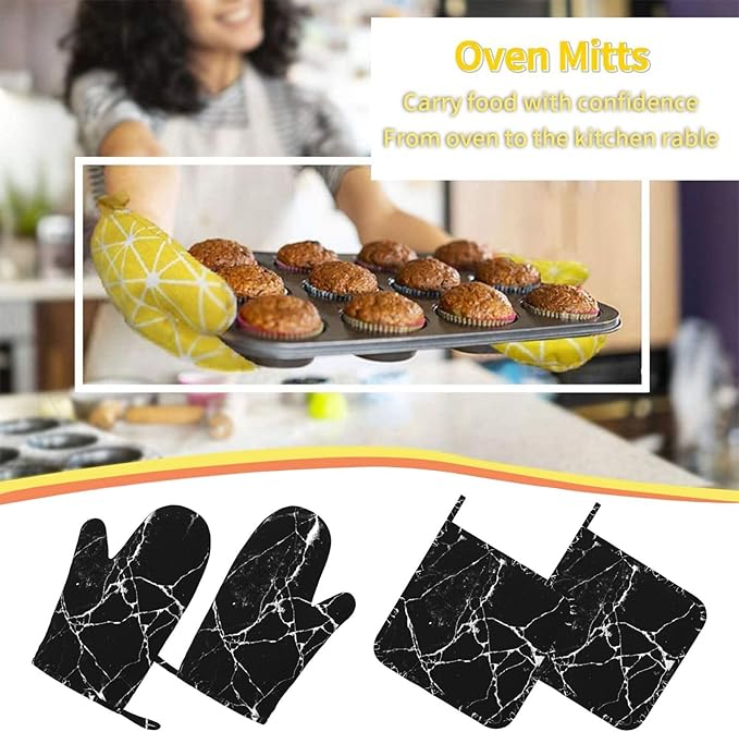 Black White Cracked Marble Oven Mitts and Pot Holders Sets of 4, Heat Resistant Silicone Oven Mittens and Potholders Gloves Hot Pads for Kitchen Cooking Baking Grilling BBQ Chef