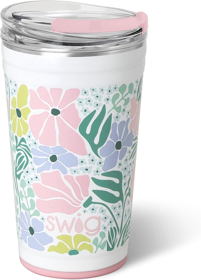 Swig Life 24oz Party Cup, Stackable Insulated Travel Coffee Tumbler with EZ Slider Lid, Cup Holder Friendly, Stainless Steel 24 oz Tumbler, Reusable Coffee Mug (Garden Party)