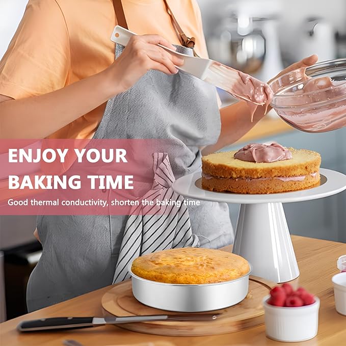 P&P CHEF Cake Pan Set of 4, Stainless Steel Baking Round Cake Pans Tins Bakeware for Birthday Wedding, Leak-proof & Easy Clean, Mirror Finish & Easy Releasing, 8 Inch