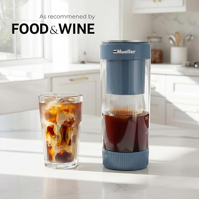 Mueller RapidBrew Cold Brew Iced Coffee Maker – 10 Min Fast Brew Portable Rechargeable Cold Brew Machine for Coffee & Tea – Adjustable Strength 10-99 Min – 20 Servings Per Charge, Mineral Blue