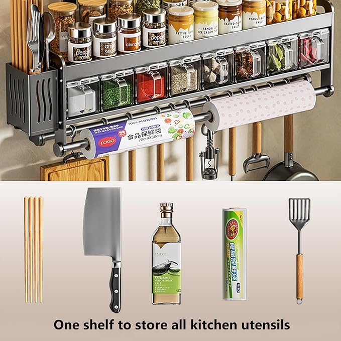 Hanging Wall Mount knife Wall Mount,Condiment Cup, Space-Saving Knife Rack with Hooks, Kitchen Organizer Storage Shelf for Utensils Spatula Spoon, Kitchen Utensil Hanger (Black, 48cm+6Cups+10Hooks)