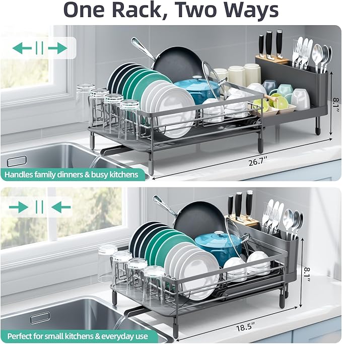 Urackify Large Dish Drying Rack, Expandable Dish Racks for Kitchen Counter, Multifunctional Dish Drainer with Utensil Holder & Cup Holder, 18.5"-26.7" L x 12.7" W, Gray