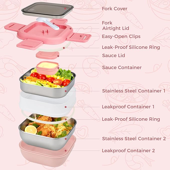 Sinnsally Bento Box Adult Lunch Box with Stainless Steel Container,Metal Lunchable Food Storage Container with Sauce Jar (Pink)