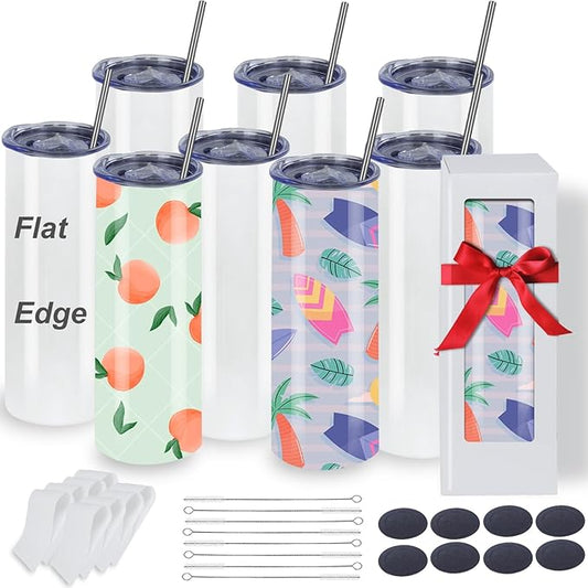 8 Pack 20oz Sublimation Tumblers Bulk, Flat Edge Sublimation Tumbler Blank, Skinny Straight Stainless Steel Blanks Cups with Individual Box (8, 20OZ FLAT EDGE)