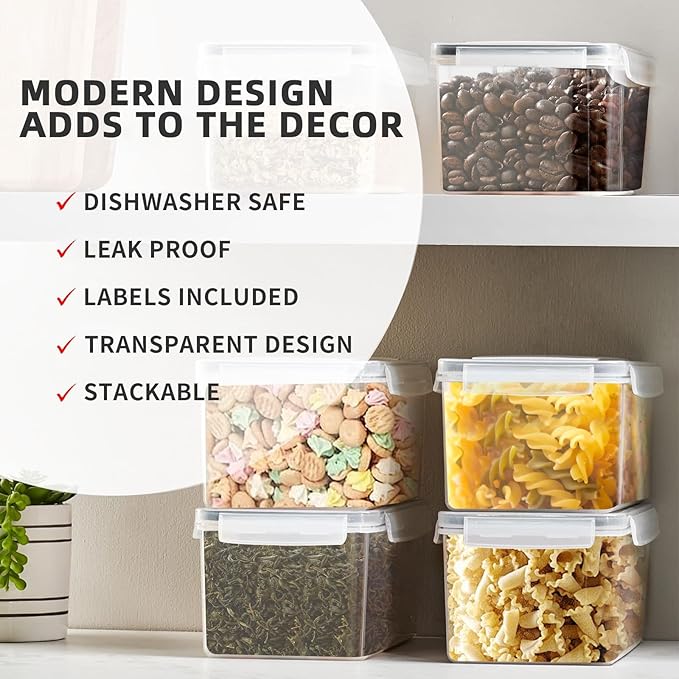 8PCS 3.2L/108 OZ Airtight Food Storage Containers with Lids, Plastic Spaghetti Canisters for Pasta organizer, BPA Free Air Tight Kitchen Pantry Organization