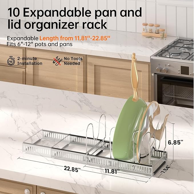 MUDEELA Pots and Pans Organizer Rack for under Cabinet, Expandable Pot Lid Kitchen Cabinet Organizer Holder with 10 Adjustable Compartment Cutting Board Organizer for Pan Lid Cookie Sheet Rack, Silver