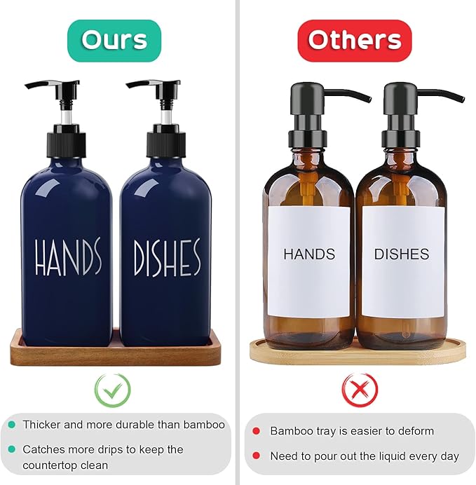 Navy Blue Dish Soap Dispenser for Kitchen - 16 OZ Hand Soap Dispenser Set with Acacia Wood Tray - Blue Kitchen Bathroom Home Decor and Accessories