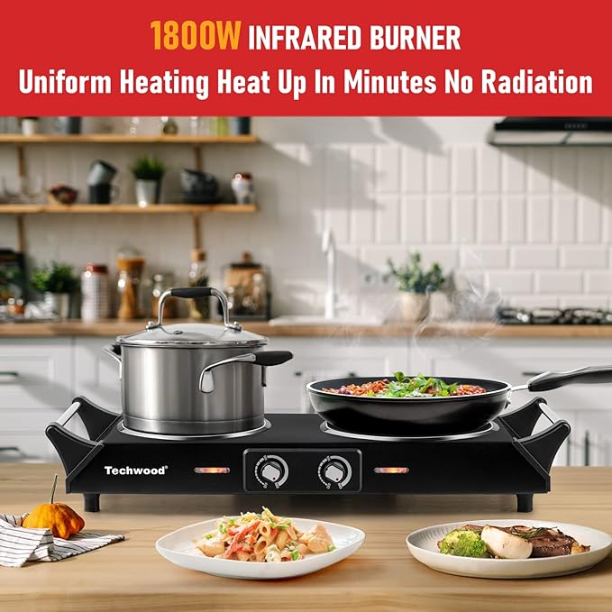 Hot Plate, Techwood 1800W Double Infrared Ceramic Electric Stove for Cooking, Dual Control Cooktop Burners, Portable Anti-scald Handles Suitable for RV/Home/Camp, Compatible for All Cookwares