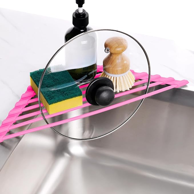 Tomorotec Compact Silicone-Coated Triangle Dish Drying Rack for Sink Corner - Foldable Stainless Steel Over-The-Sink Organizer and Storage Shelf (Hot Pink)