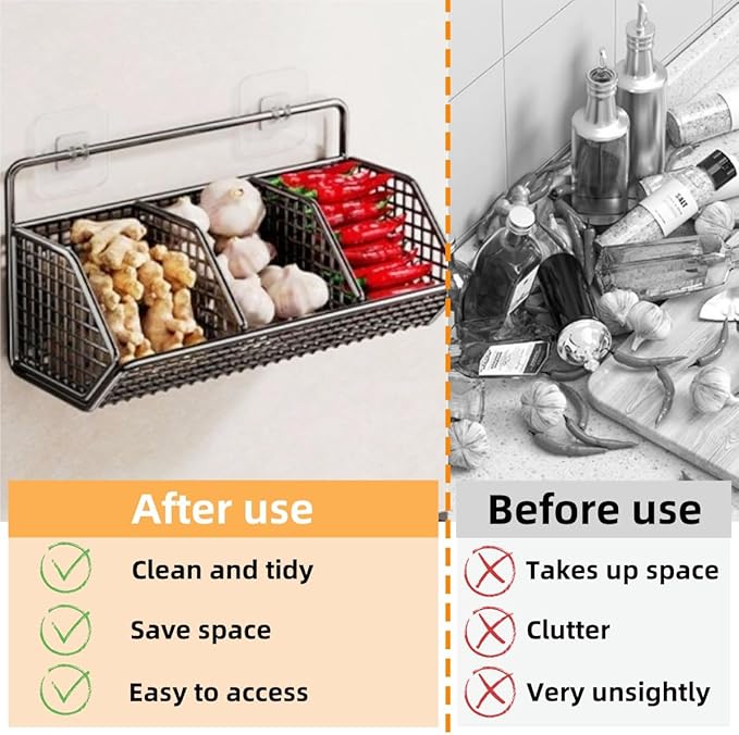 Hanging Wire Fruit Basket with Adhesive Hooks, Hanging fruit baskets for Kitchen counter, Wall basket for Home Bathroom Pantry, Space Saving Hanging Baskets for Organizing Wall Mount Storage