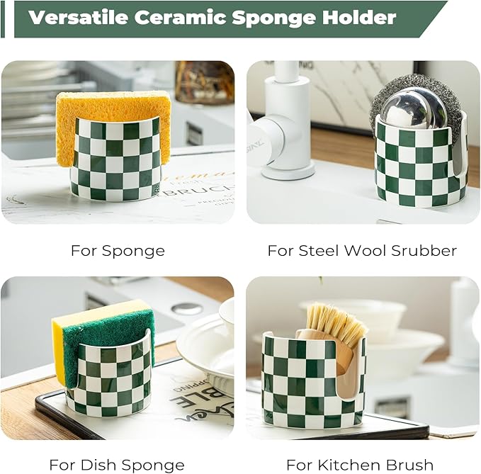 Ceramic Kitchen Sponge Holder, Dish Sponge Holder Suitable for Scrubby Farmhouse Drying Rack Brush Holder for Christmas Bathroom, Kitchen, Sink, Green and White