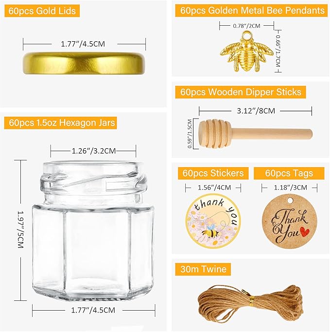 GIVAMEIHF Mini Glass Honey jars-1.5 oz,60pcs Hexagon Honey Jars with Wood Dipper,Stickers,Bee Pendants,Tags,Rope,Small Honey Jars with Lids,Perfect for Wedding Favors,Jams,Baby Shower,Party Favors