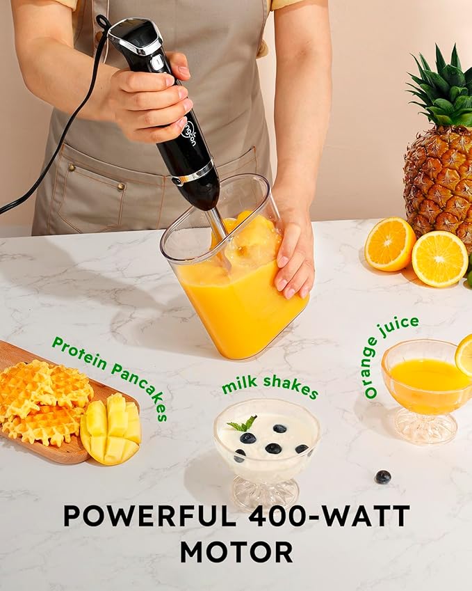Sangcon 5-in-1 Immersion Blender Handheld with 1000ml Cup, 2-Speed Adjustable Hand Blender with 304 Stainless Blades, Detachable Whisk and Milk Frother