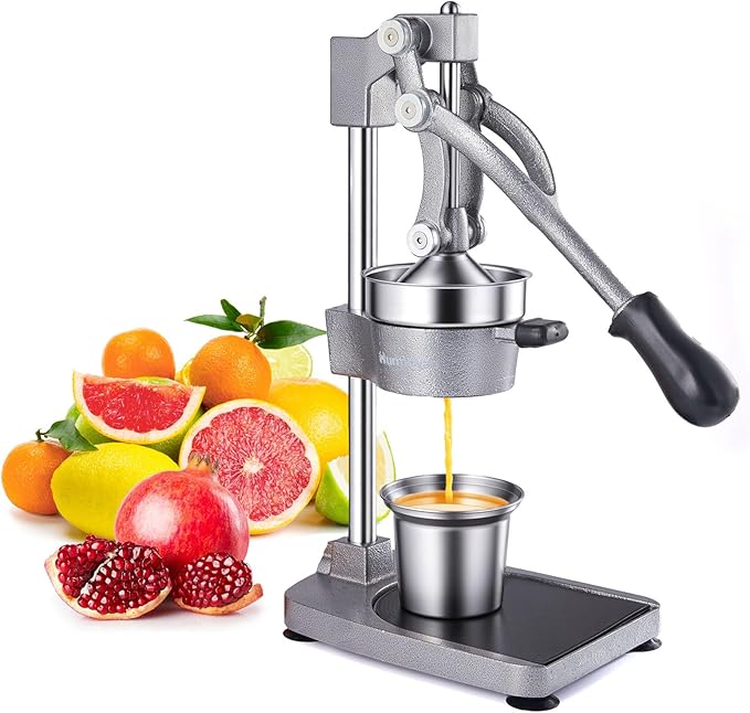 Cast Iron Juicer, 17"Tall & Sturdy Flat Base | Heavy-Duty Manual Hand Press Juicer For Orange Lemon Lime Pomegranate & Citrus, Orange Squeezer, Stainless Steel Cup, Easy to Clean, Silver Gray