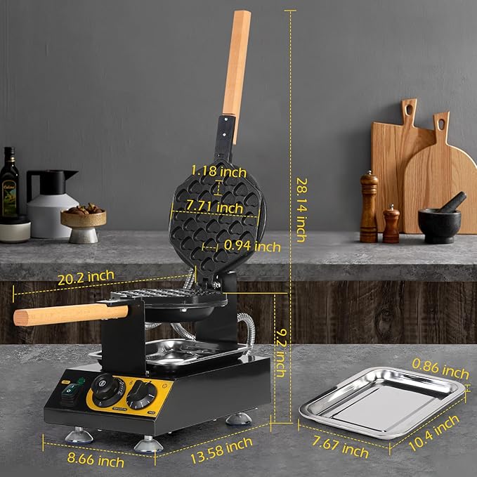 Dyna-Living Commercial Bubble Waffle Maker, 1400W Non-stick Egg Waffle Maker with Crumb Tray, 30 Egg Cones Heart Shape Hong Kong Style Bubble Waffle Machine, 180 Rotating