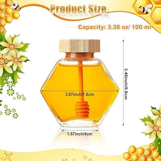 Sunnyray 20 Pcs Glass Honey Jars with Dipper Hexagonal Clear Glass Dispenser Small Honey Containers Bottle with Wooden Dipper and Cork Lid for Home Storage Kitchen (100 ml)