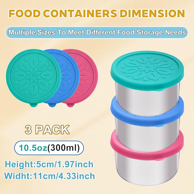 Cmonie 3Pack Stainless Steel Containers with Lids,10/20/33 oz Easy Open Leak Proof Metal Snack Containers,Food Storage Bento Box for Snacks, Fruits (3Pcs-10 oz)