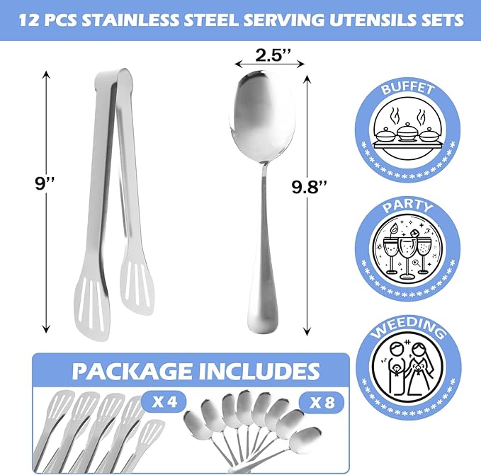 12PCS Stainless Steel Serving Utensils Sets,8 Large Serving Spoons,4 Serving Tongs,Silver Serving Utensills Sets for Buffet Catering Banquet Party (Silver)