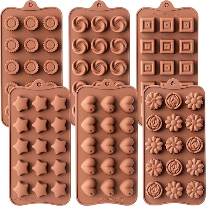 6 Pack Chocolate Molds Candy Molds Silicone, Food-Grade Non-Stick Jelly Mold, Crayon Mold, Silicone Baking Mold BPA-Free, including Flower, Heart, Star, Round, Square, and Swirl