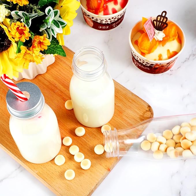 Yinkin 20 Sets Plastic Milk Bottles with Straws Lids Clear Plastic Containers for Dairy Milk Party Bottle for Juices Shakes Smoothies (8 oz,Summer Color)
