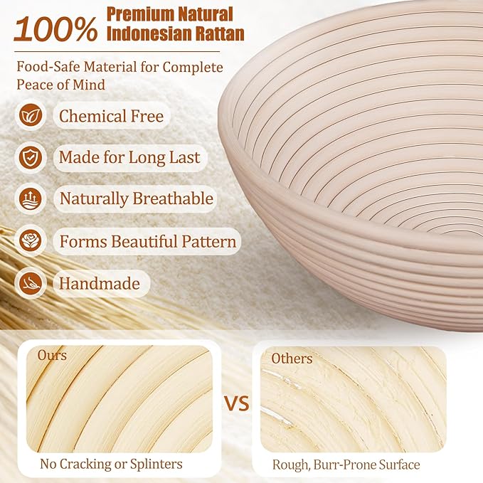 Panny Sourdough Starter Kit, Banneton Bread Proofing Basket with Glass Sour Dough Starter Jar, Sourdough Bread Baking Supplies, Making Tools, 9" Round & 10" Oval Baskets, Complete Gift for Men Women